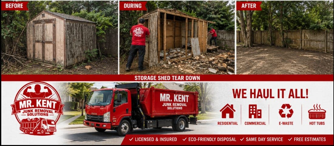 Storage Shed Tear-Down — before and after by Mr. Kent Junk Removal Solutions